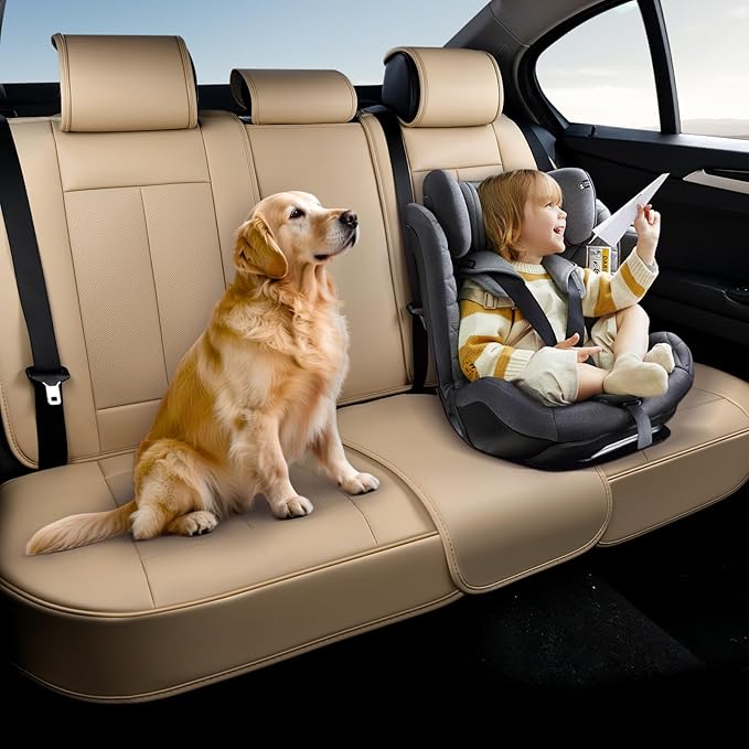 Coverado Car Seat Covers Beige, Backseat Cover for Dogs, Car Seat Protector for Back Seat, Car Seat Cushion Nappa Leather, 3-Pieces Waterproof Seat Covers Carseat Cover Universal Fit for Most Cars