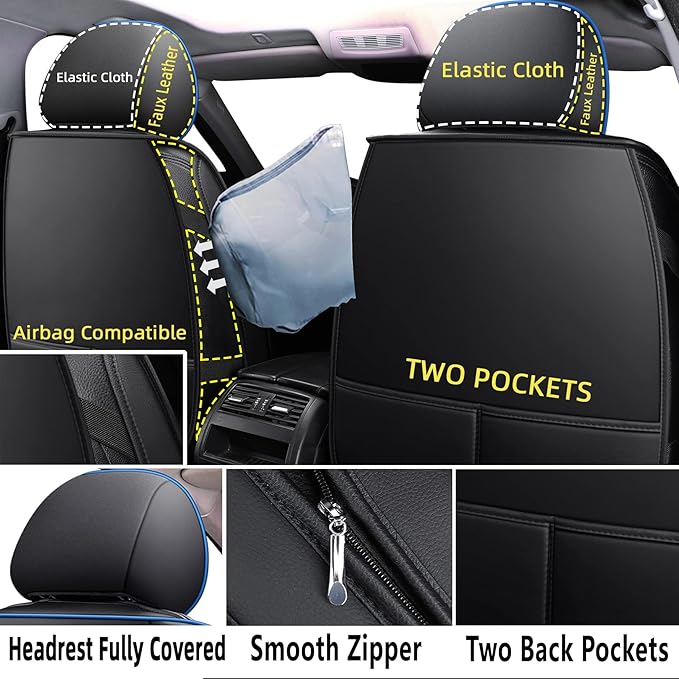 CAPITAUTO Leather Car Seat Covers, Waterproof Faux Leatherette Cushion Cover for Cars SUV Pick-up Truck Universal Fit Set for Auto Interior Accessories(2 Front Blue&Black)