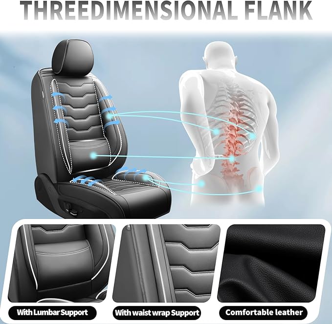 Fit Frontier Car Seat Covers Premium Leather for Nissan Frontier 2009-2025 2026. Waterproof， Breathable, Scratch-Resistant & All-Weather Seat Cushion Protector（Full Set,White Line Black
