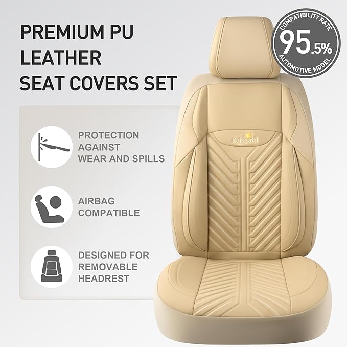 PU Leather Car Seat Covers Full Set – Waterproof seat Cover for Cars，3D Foam Support Automotive seat Covers ，Airbag Compatible, Universal Fit for Cars SUVs Trucks Sedans（Khaki）