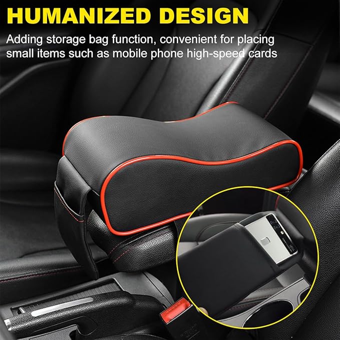 Car Armrest Cushion, Soft Memory Foam Auto Armrest Pillow with Storage Bag, Leather Center Console Arm Rest Padded Cushion with Phone Holder, Universal Car Accessories (Black&Red)