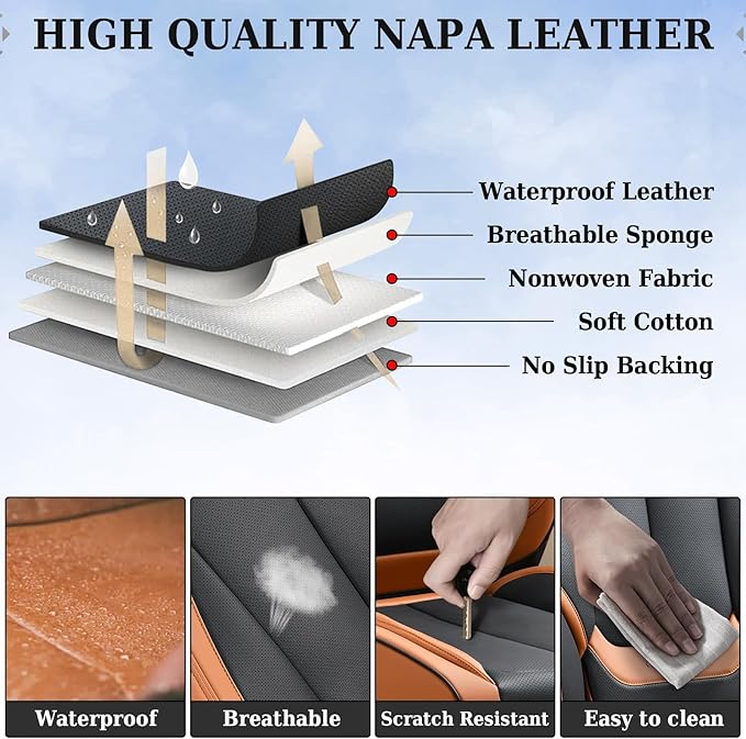 Coverado Universal Seat Covers Full Set, 5 Seats Universal Seat Covers for Cars, Waterproof Nappa Leather Car Seat Covers with Head Pillow, Auto Protectors Fit for Most SUV Pick-up Truck-Black&Brown