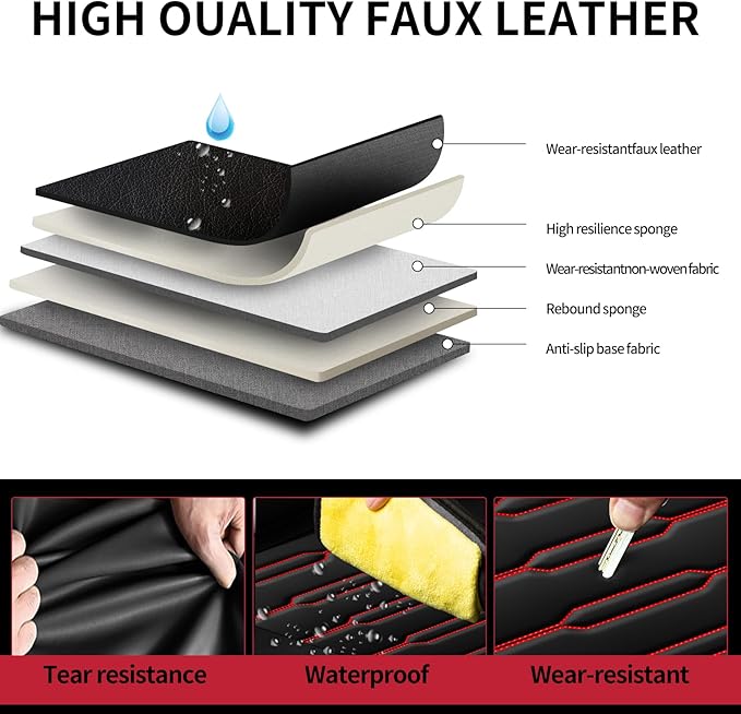 Fit Ridgeline Car Seat Covers for Honda Ridgeline 2007-2025 2026 - Upgraded Premium Waterproof & Breathable Leather, Airbag Compatible, All-Weather Seat Cushion Protector (2 Front/Black+Red)
