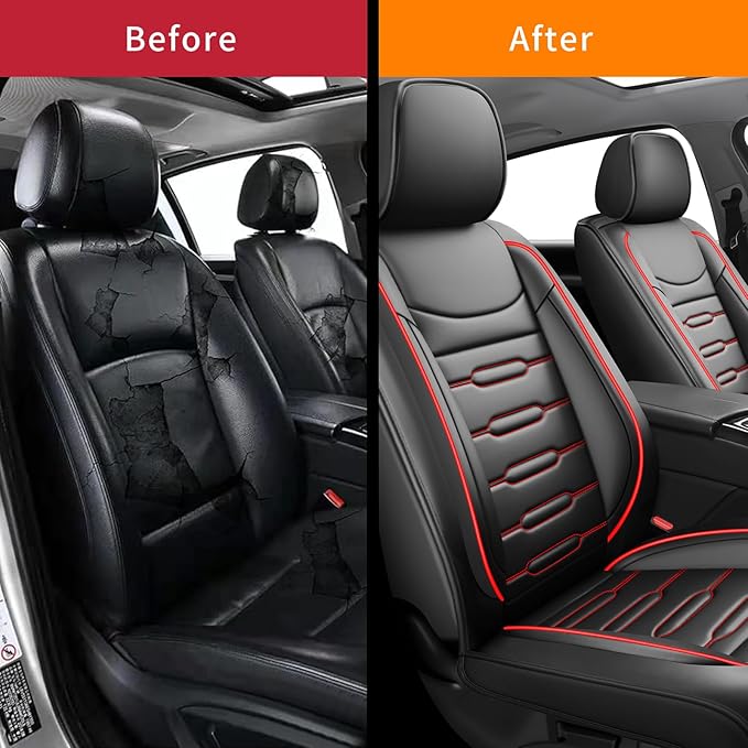 Fit CRV Car Seat Covers for Honda CR-V 2013-2024 2025 2026 - Upgraded Premium Waterproof & Breathable Leather, Airbag Compatible, All-Weather Seat Cushion Protector (2 Front/Black+Red)