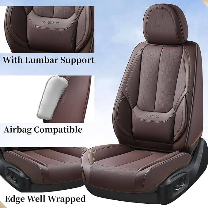 Coverado Seat Covers, Car Seat Covers Front Seats, Car Seat Cover, Waterproof Leather Seat Covers, Seat Cushion, Front Car Seat Covers Leather Car Seat Protector Universal Fit Most Cars Brown
