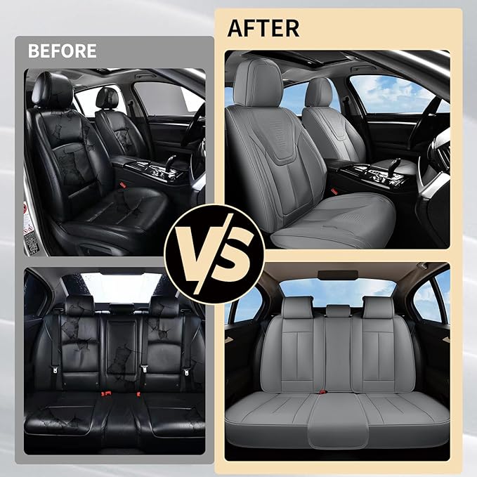 FLORICH Car Seat Cover Full Set, Automotive Seat Covers, Luxury Waterproof Leather Car Seat Protectors, Car Seat Cushions Universal Fit for Most Sedans SUVs Trucks - Grey