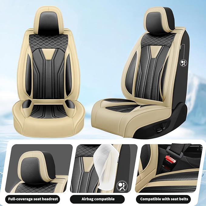 Fit Frontier Car Seat Covers Premium Leather for Nissan Frontier 2009-2025 2026. Waterproof， Breathable, Scratch-Resistant & All-Weather Seat Cushion Protector（Front Seat,Beige&Black