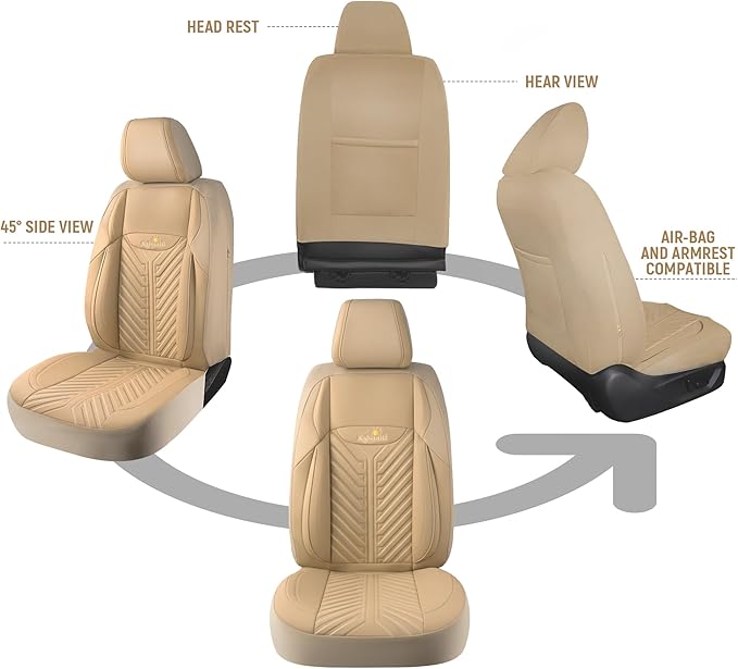 PU Leather Car Seat Covers Front Set – Waterproof seat Cover for Cars，3D Foam Support Automotive seat Covers ，Airbag Compatible, Universal Fit for Cars SUVs Trucks Sedans（Khaki）