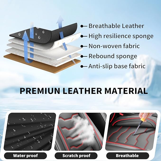 Fit Frontier Car Seat Covers Premium Leather for Nissan Frontier 2009-2025 2026. Waterproof， Breathable, Scratch-Resistant & All-Weather Seat Cushion Protector（Full Set,Red Line Black