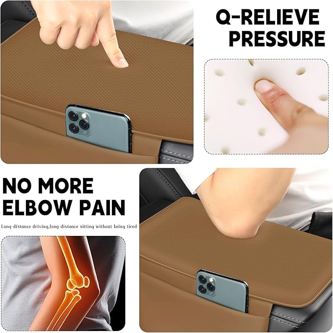 Car Armrest Cover Pad - Nappa Leather Car Center Console Cover with Breathable Holes, Non-Slip Auto Arm Rest Cushion, Universal Car Interior Accessories Fit forTesla Model Y (Light Brown)
