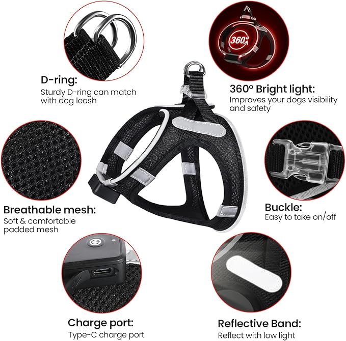 PceoTllar Light Up Dog Harness, LED No Pull Reflective Dog Harness, Flashing Lighted for Night Walking - Small/Medium, (Black Red,m)