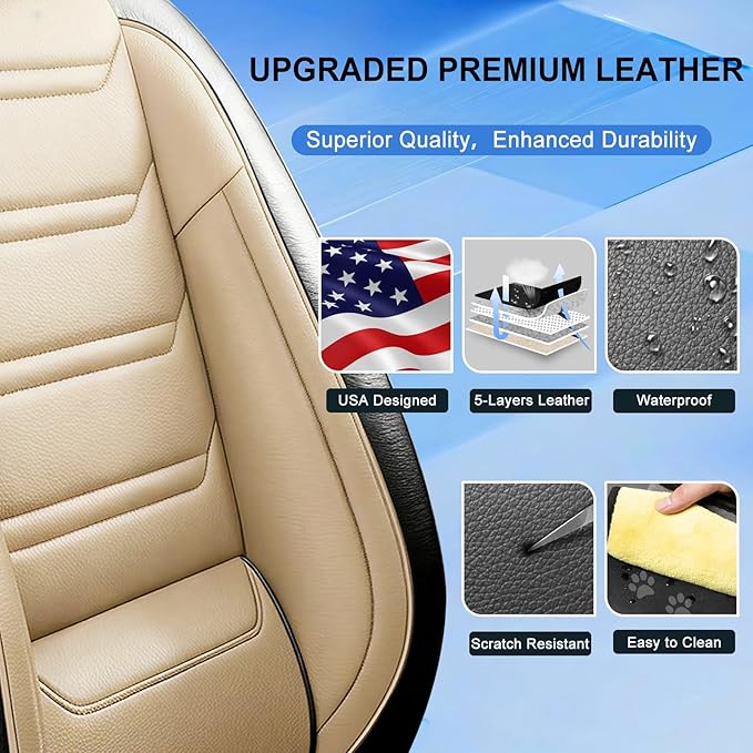 Car Seat Covers for Select Honda Fit 2007-2020, Premium Full Coverage Leather, Airbag Compatible& Scratch-Resistant, Waterproof & All Weather Breathable Seat Protector, Front Pair Black+Beige