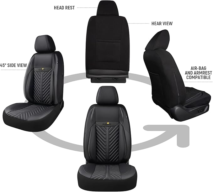 PU Leather Car Seat Covers Front Set – Waterproof seat Cover for Cars，3D Foam Support Automotive seat Covers ，Airbag Compatible, Universal Fit for Cars SUVs Trucks Sedans（Black）