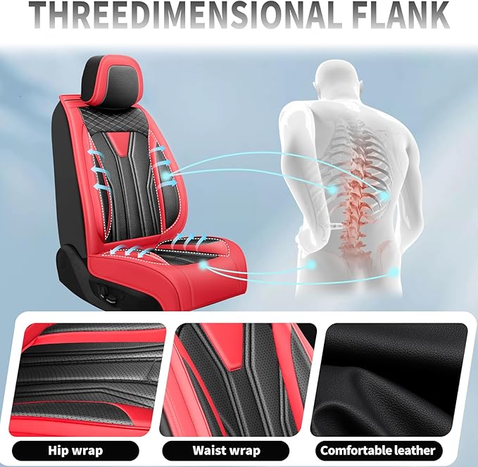 Fit Frontier Car Seat Covers Premium Leather for Nissan Frontier 2009-2025 2026. Waterproof， Breathable, Scratch-Resistant & All-Weather Seat Cushion Protector（Full Set,Red&Black