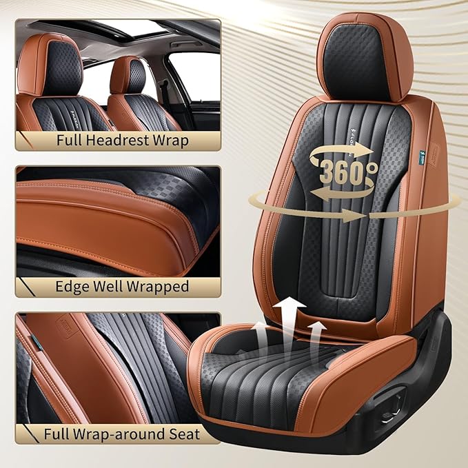 FLORICH Car Seat Covers, Premium Leatherette Car Seat Covers Full Set, Waterproof Leather Car Seat Cushion Front Seats and Back, Breathable Seat Protectors for Sedans Cars SUV Trucks - Black&Brown