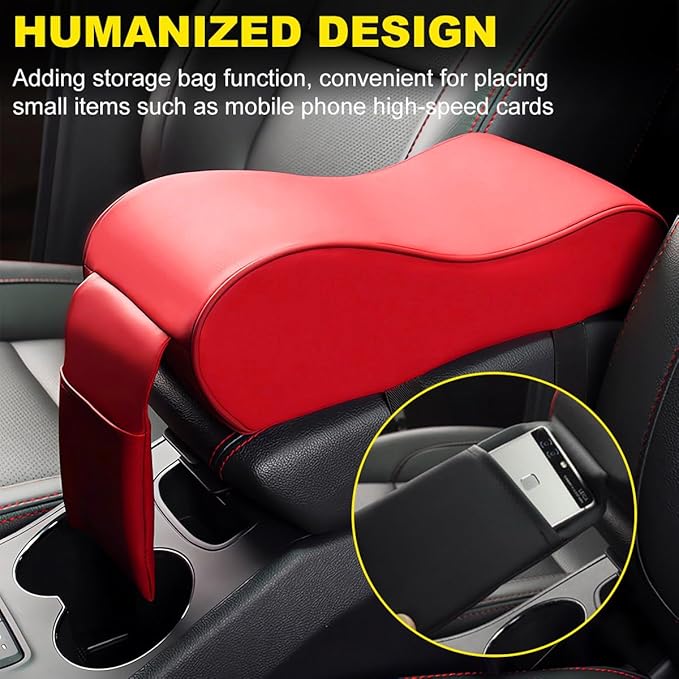 Car Armrest Cushion, Soft Memory Foam Auto Armrest Pillow with Storage Bag, Leather Center Console Arm Rest Padded Cushion with Phone Holder, Universal Car Accessories (Red)