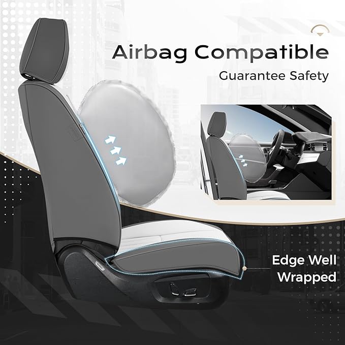 Coverado Car Seat Covers Full Set, Seat Covers for Cars, Car Seat Cover, Car Seat Protector, Leather Car Seat Cushion, Waterproof Car Seat Covers Front Seats and Back Fit for Most Cars(Gray&White)