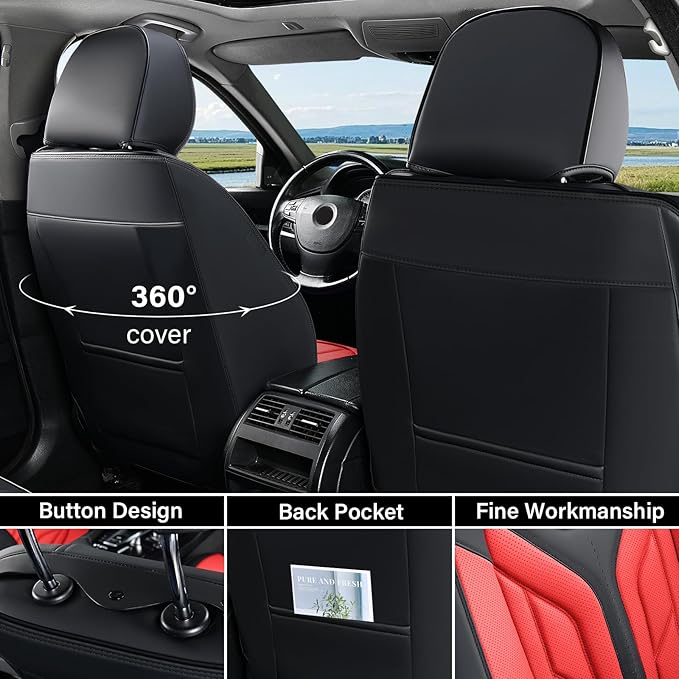 Coverado Seat Covers, Car Seat Covers Front Seats, Leather Seat Covers for Cars, Automotive Seat Covers Car Seat Protector Car Seat Cushion Universal Fit for Most Sedans SUV Pick-up Truck(Black&Red)