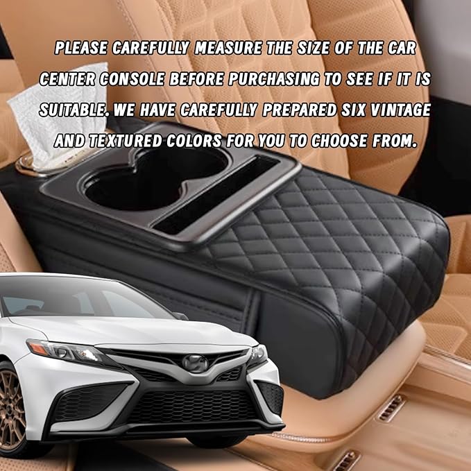 Car Armrest Cushion, 5 in 1 Center Console Cover with 2 Cup Holders, Phone Holder, Tissue Holder, Storage Bag, Multifunctional Leather Heightened Car Armrest Cushion for Most Cars（Black