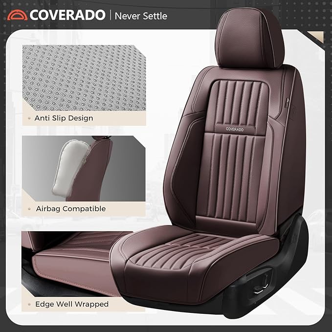 Coverado Car Seat Covers Full Set, Seat Covers for Cars, Car Seat Cover, Car Seat Protector, Leather Car Seat Cushion, Waterproof Car Seat Covers Front Seats and Back Fit for Most Cars(Coffee)