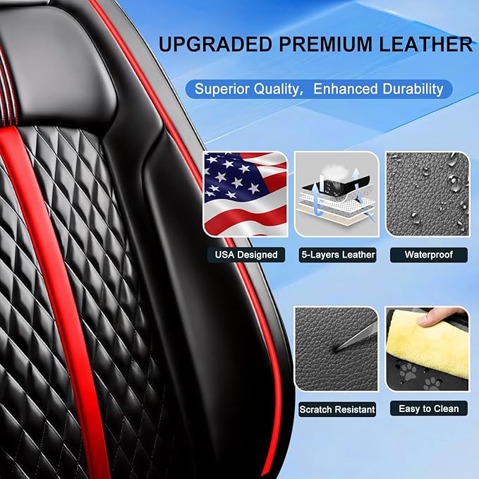 Car Seat Covers for Select Honda Fit 2007-2020, Premium Full Coverage Leather, Airbag Compatible & Scratch-Resistant, Waterproof & All Weather Breathable Seat Protector, Full Set, Red Trim