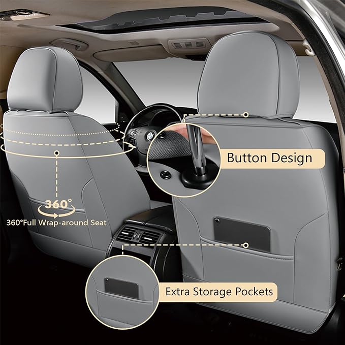 FLORICH Car Seat Cover Full Set, Automotive Seat Covers, Luxury Waterproof Leather Car Seat Protectors, Car Seat Cushions Universal Fit for Most Sedans SUVs Trucks - Grey