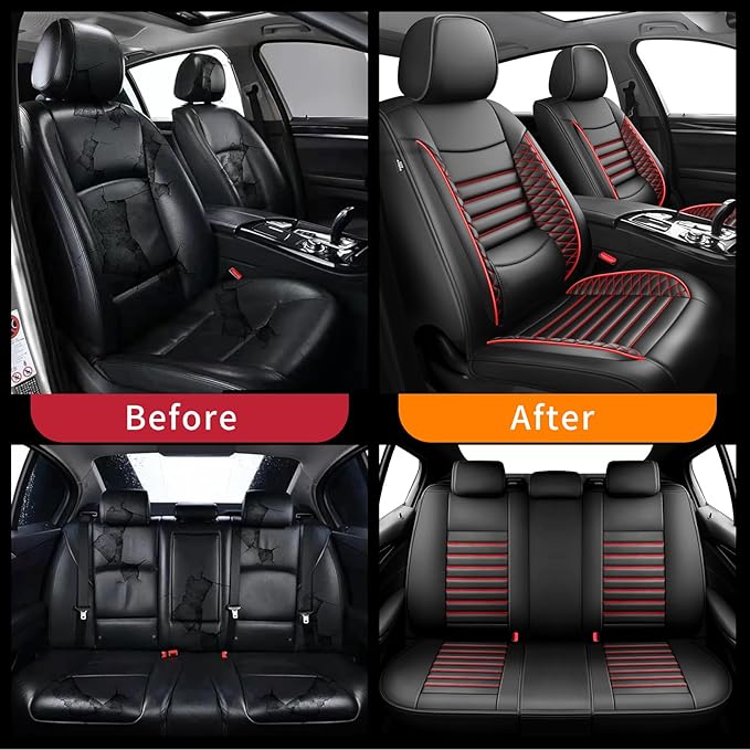 Fit Accord Car Seat Covers for Honda Accord 2003-2024 2025 2026 - Upgraded Premium Waterproof & Breathable Leather, Airbag Compatible, All-Weather Seat Cushion Protector (Full Set, Black+Red)