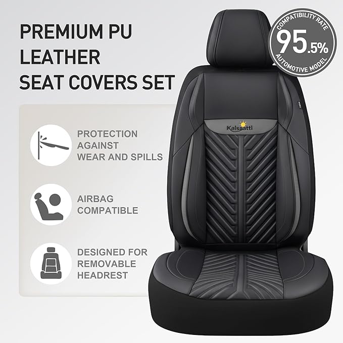PU Leather Car Seat Covers Front Set – Waterproof seat Cover for Cars，3D Foam Support Automotive seat Covers ，Airbag Compatible, Universal Fit for Cars SUVs Trucks Sedans（Black/Grey）