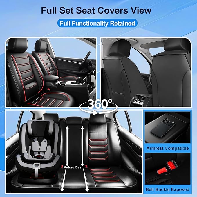 Car Seat Covers (Front Pair) for Select Honda Fit 2007-2020 - Premium Full Coverage Leather, Airbag Compatible & Scratch-Resistant, Waterproof & All Weather Seat Protector, Red Trim