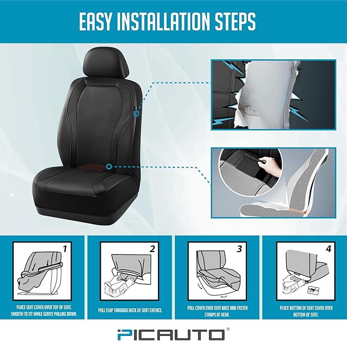 PIC AUTO Leather Car Seat Covers, Premium Automotive Waterproof Front & Rear Full Set Bucket Car Seat Protectors, Black and Black PVC Patchwork, Fits for Cars, Trucks, Van, SUV, Airbag Compatible