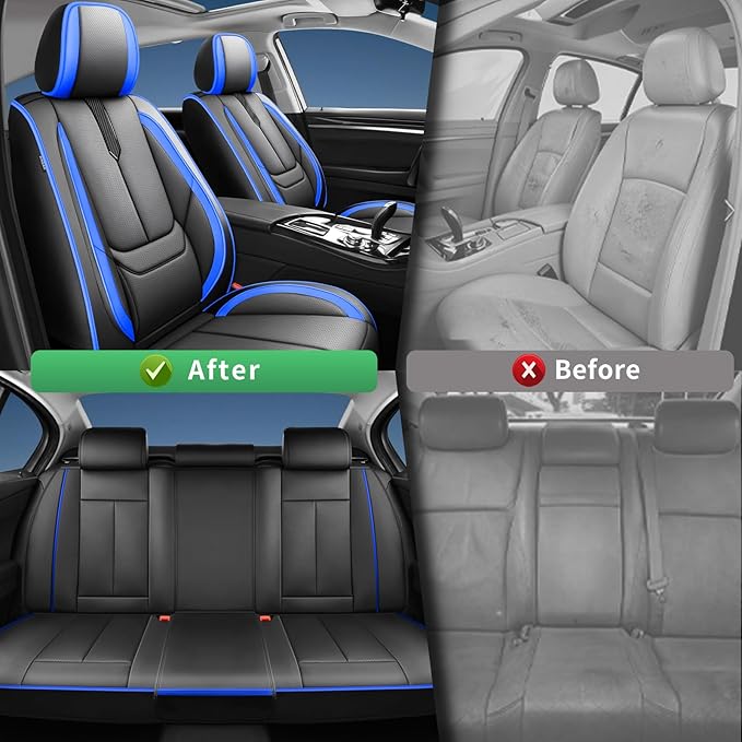 Fit Kona Car Seat Covers for Hyundai Kona 2018-2024 2025 2026 -Upgraded Premium Waterproof & Breathable Leather,Airbag Compatible,All-Weather Seat Cushion Protector,2 Front/Black-Blue