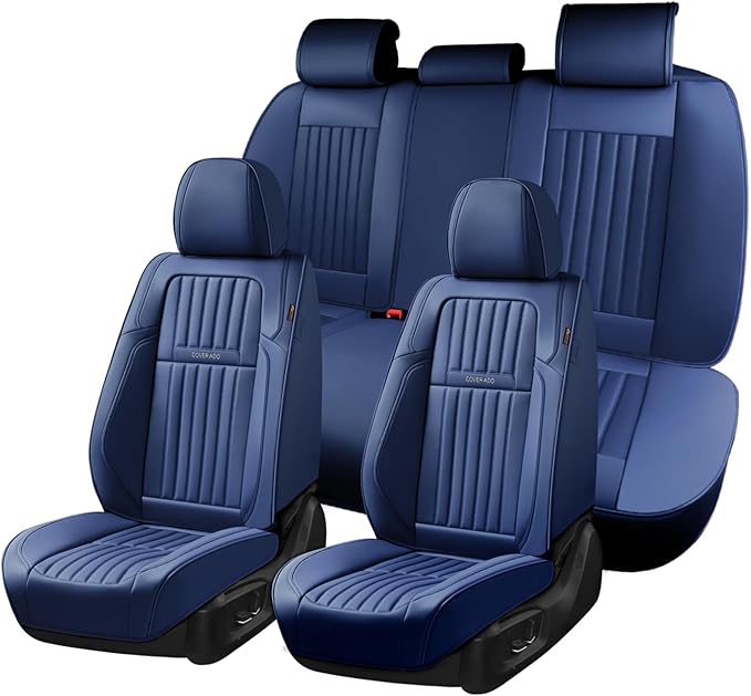 Coverado Car Seat Covers Full Set, Seat Covers for Cars, Car Seat Cover, Car Seat Protector, Leather Car Seat Cushion, Waterproof Car Seat Covers Front Seats and Back Fit for Most Cars(Blue)