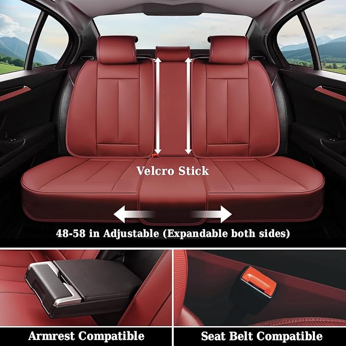 Coverado Universal Seat Covers Full Set, 5 Seats Universal Seat Covers for Cars, Waterproof Faux Leather Car Seat Covers with Head Pillow, Auto Protectors Fit for Most Sedans SUV Pick-up Truck-Red