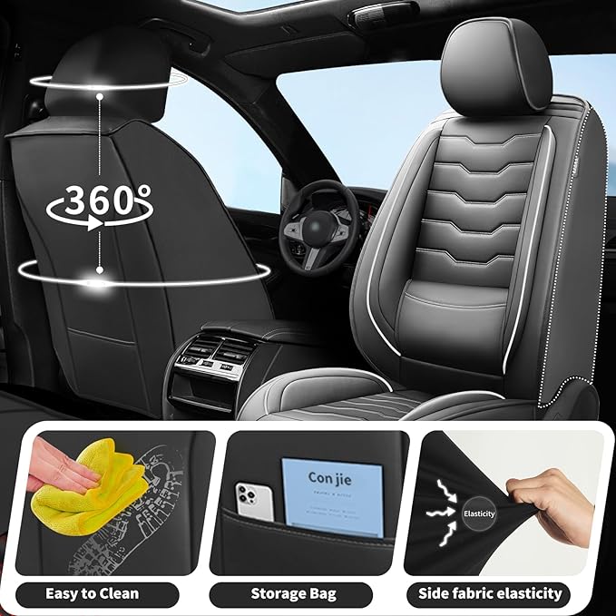 Fit Frontier Car Seat Covers Premium Leather for Nissan Frontier 2009-2025 2026. Waterproof， Breathable, Scratch-Resistant & All-Weather Seat Cushion Protector（Full Set,White Line Black