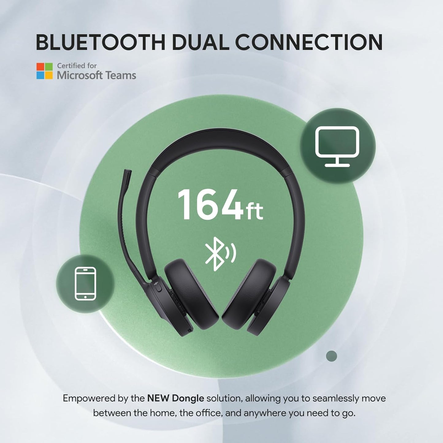 Yealink BH70 with Stand, Wireless Bluetooth Headset with Microphone for Work, Up to 35 Hours Talk Time, Teams Certified, ≤90 Minutes Quick Charging, USB-C/A Adapter, No Power Adapter Required