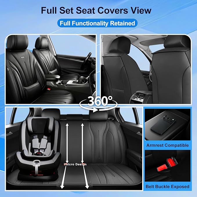 Car Seat Covers (Front Pair) for Select Honda Fit 2007-2020, Premium Full Coverage Leather, Airbag Compatible& Scratch-Resistant, Waterproof & All Weather Breathable Seat Protector, Black