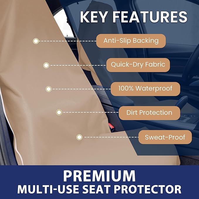 Dri Seats Waterproof Car Seat Cover – Premium Sweat Towel with Slip Resistant Backing for Front Seats in Cars, Trucks, SUVs – Universal Seat Covers & Liner, Easy Install (Tan, Large)