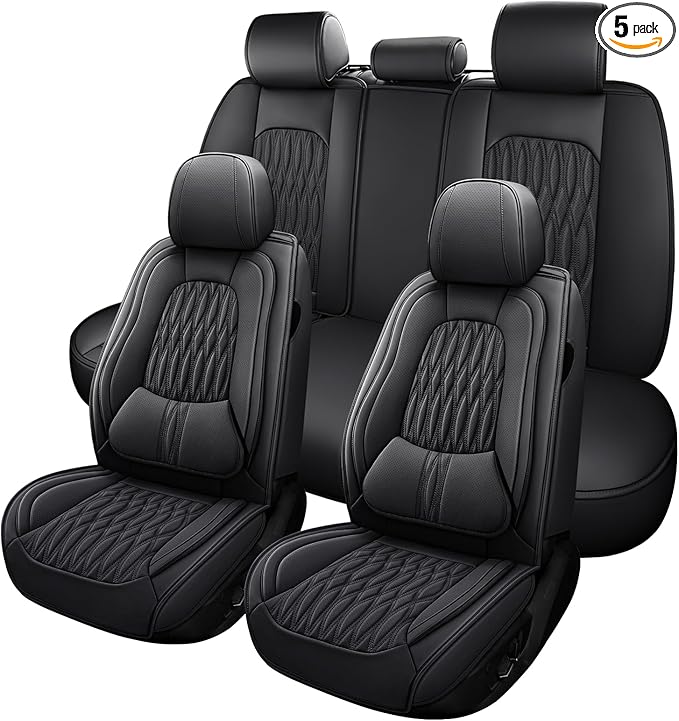 WELLDO Car Seat Covers Full Set, Leather Seat Covers for Car, Waterproof Car Seat Protector with Lumbar Support, Automotive Seat Covers Universal Fit for Most Cars SUV Truck(Black-w02)