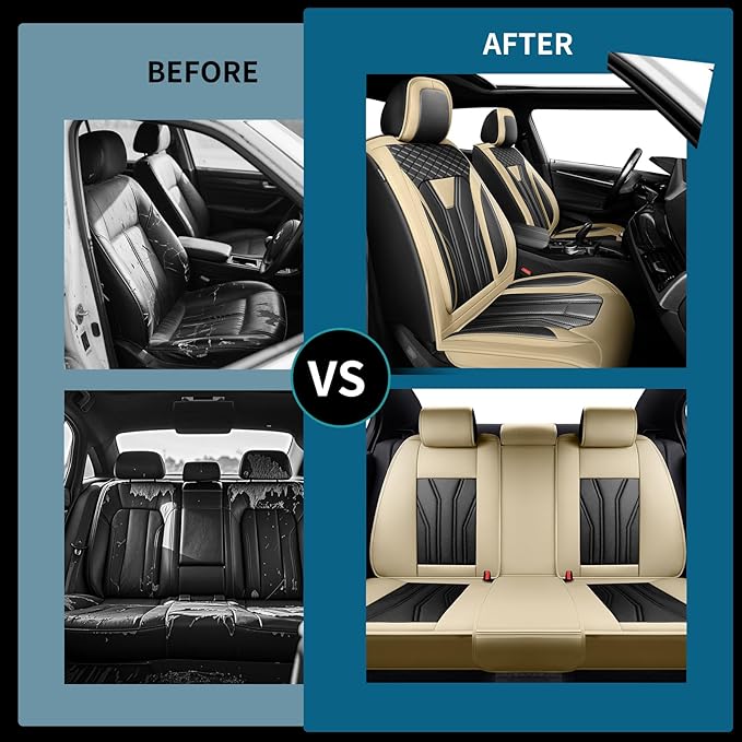 Fit Frontier Car Seat Covers Premium Leather for Nissan Frontier 2009-2025 2026. Waterproof， Breathable, Scratch-Resistant & All-Weather Seat Cushion Protector（Full Set,Beige&Black