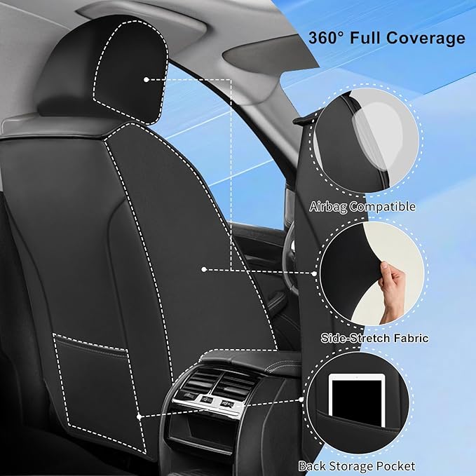 Car Seat Covers for Select Honda Fit 2007-2020, Premium Full Coverage Leather, Airbag Compatible& Scratch-Resistant, Waterproof & All Weather Breathable Seat Protector, Full Set, Black+Gray