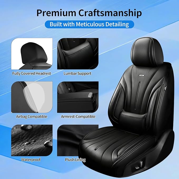 Fit Prologue Car Seat Covers (Front Pair) for Select Honda Prologue 2024-2026 - Premium Full Coverage Leather, Airbag Compatible, Waterproof & All Weather Seat Cushion Protector, Black