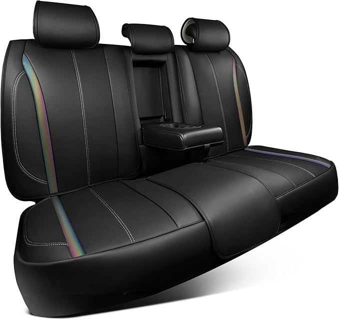 CAR PASS Back Seat Covers, Nappa Leather Rear Seat Bench Cushion Waterproof Breathable Back Row Protector Universal Fit for Car Sedan SUV Pickup Truck, Back Rear Black Chameleon Iridescent Reflective