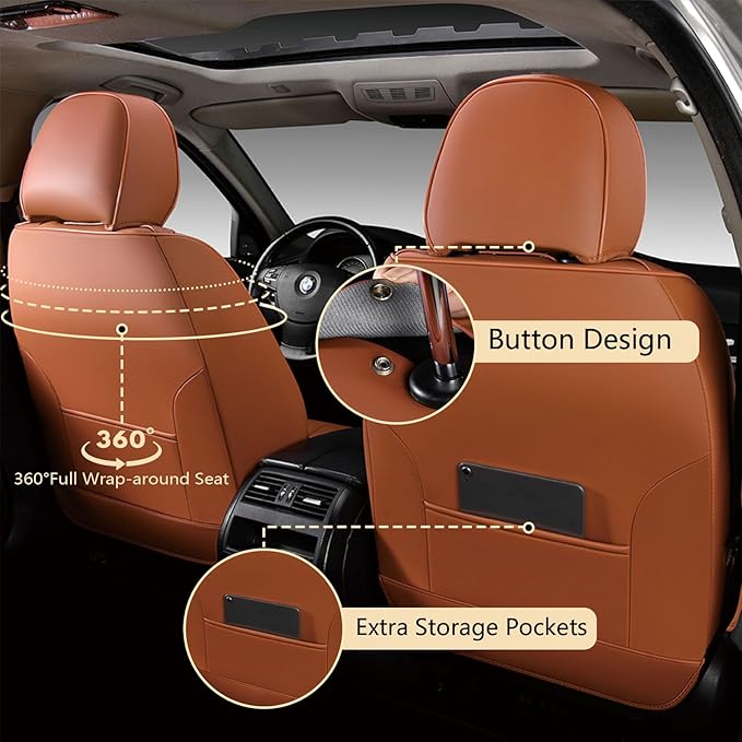 FLORICH Car Seat Covers, Brown Leather Seat Covers for Cars, Faux Nappa Leather Automotive Seat Protectors, Car Seat Cushions Universal Fit for Most Sedans SUVs Trucks - Brown