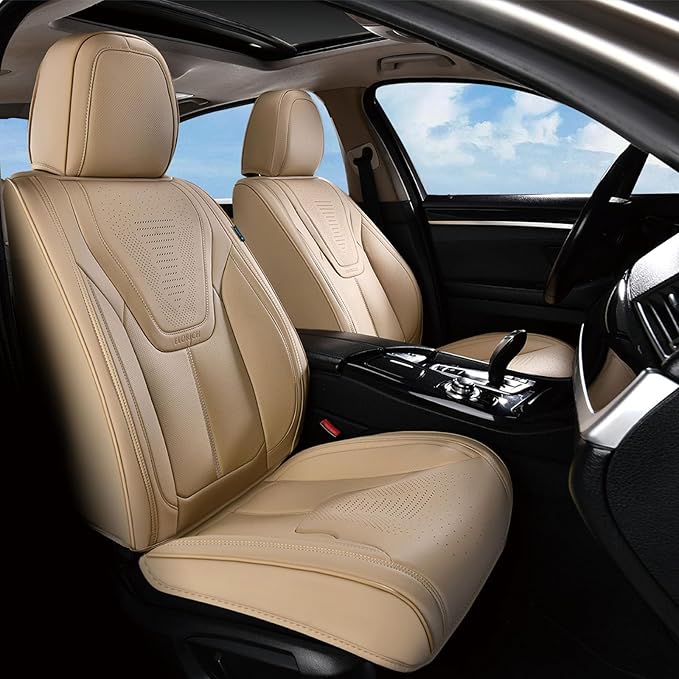 FLORICH Automotive Seat Covers, Beige Car Seat Cover Full Set, Luxury Faux Nappa Leather Automotive Seat Protectors, Car Seat Cushions Universal Fit for Most Sedans SUVs Trucks - Beige