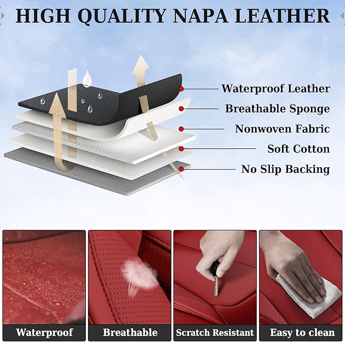 Coverado Universal Seat Covers Front, Universal Seat Covers for Cars, 2-Pack Waterproof Nappa Leather Car Seat Covers with Head Pillow, Auto Protectors Fit for Most Sedans SUV Pick-up Truck-Red