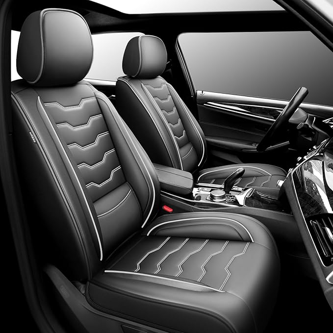 Fit Frontier Car Seat Covers Premium Leather for Nissan Frontier 2009-2025 2026. Waterproof， Breathable, Scratch-Resistant & All-Weather Seat Cushion Protector（Front Seat,White Line Black