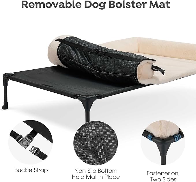 Veehoo Cooling Elevated Dog Bed with Fluffy Plush Bolster Cushion, Indoor Raised Dog Beds for Large Dogs, Soft Pet Sofa Cot with Removable Washable Mat, No-Slip Feet, 32 x 25 inches, Cream White