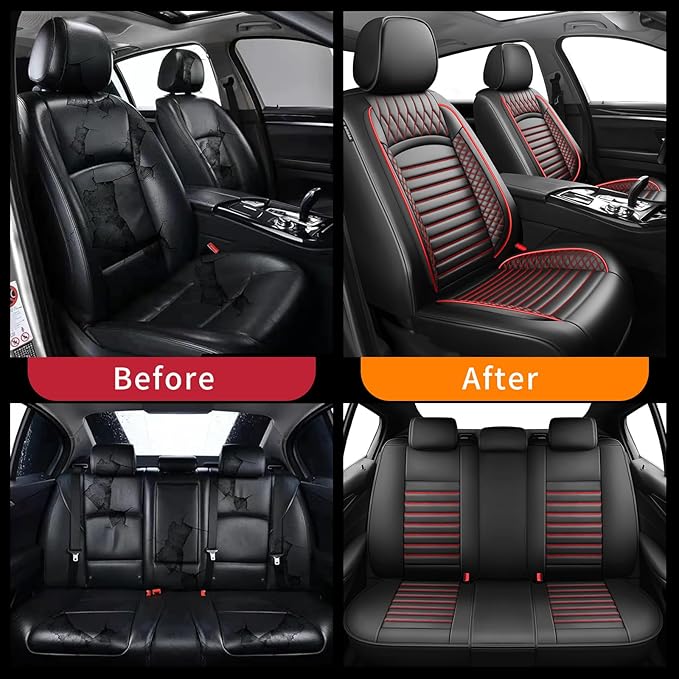 Fit Ridgeline Car Seat Covers for Honda Ridgeline 2007-2025 2026 - Upgraded Premium Waterproof & Breathable Leather, Airbag Compatible, All-Weather Seat Cushion Protector (Full Set, Black+Red)