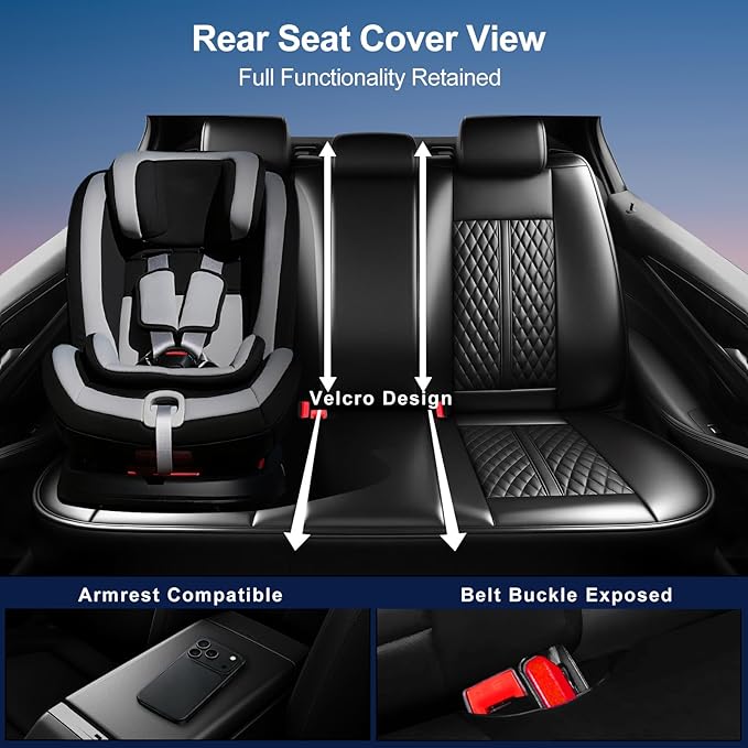 Fit Ridgeline Car Seat Covers for Honda Ridgeline 2007-2025 2026 - Premium Full Coverage Leather, Airbag Compatible, Waterproof & All Weather Seat Cushion Protector, Full Set, Black