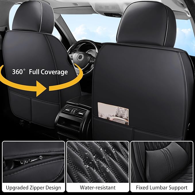 WELLDO Car Seat Covers Full Set, Leather Seat Covers for Car, Waterproof Car Seat Protector with Lumbar Support, Automotive Seat Covers Universal Fit for Most Cars SUV Truck(Black-w02)